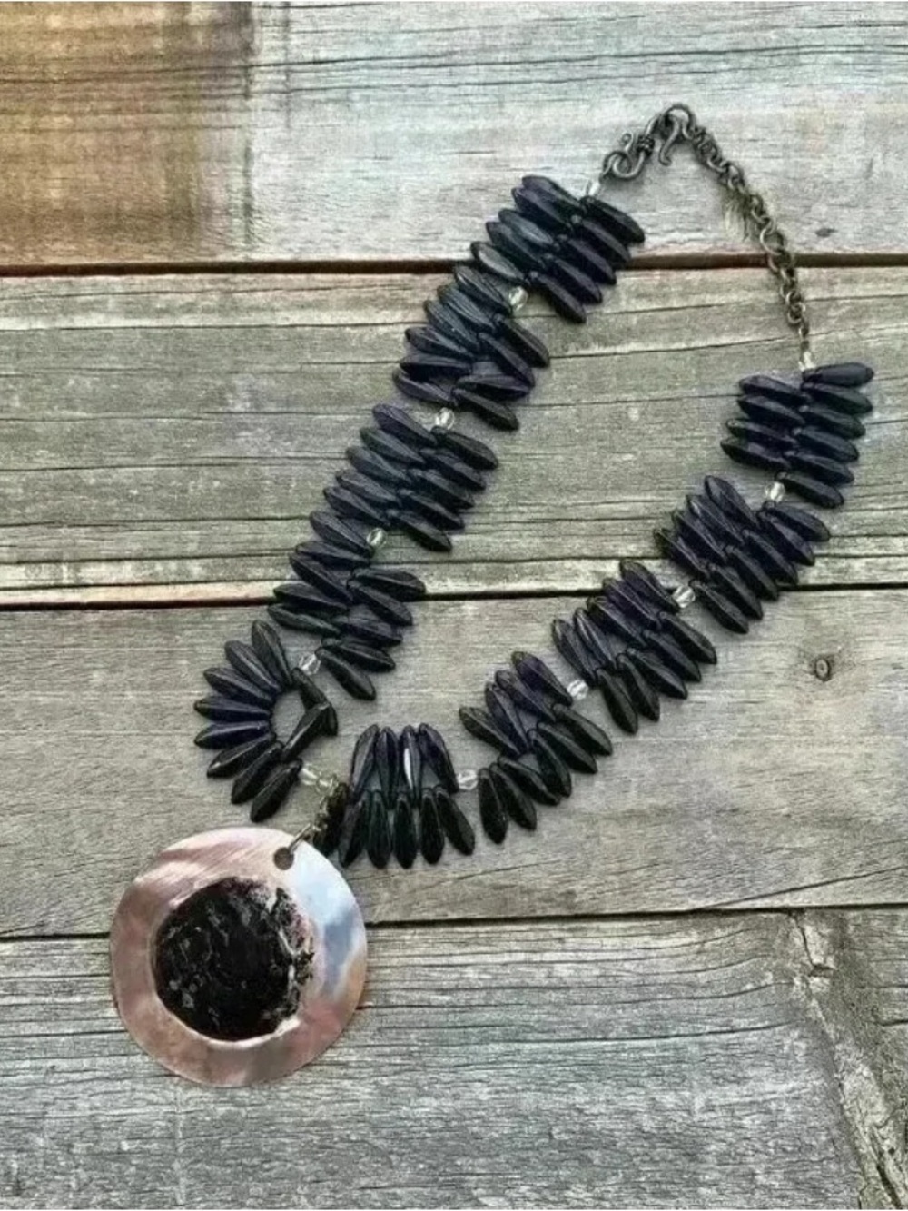 Boho Abalone Shell Statement Necklace Chunky Black Stone Beaded Tribal Jewelry